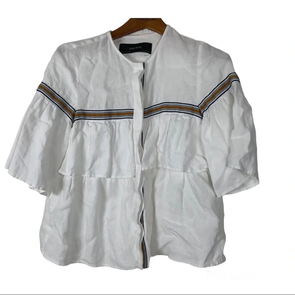 Zara linen ruffle peplum layers Boho Blouse 3/4 sleeves Hidden Buttons up SZ XS - Picture 1 of 9